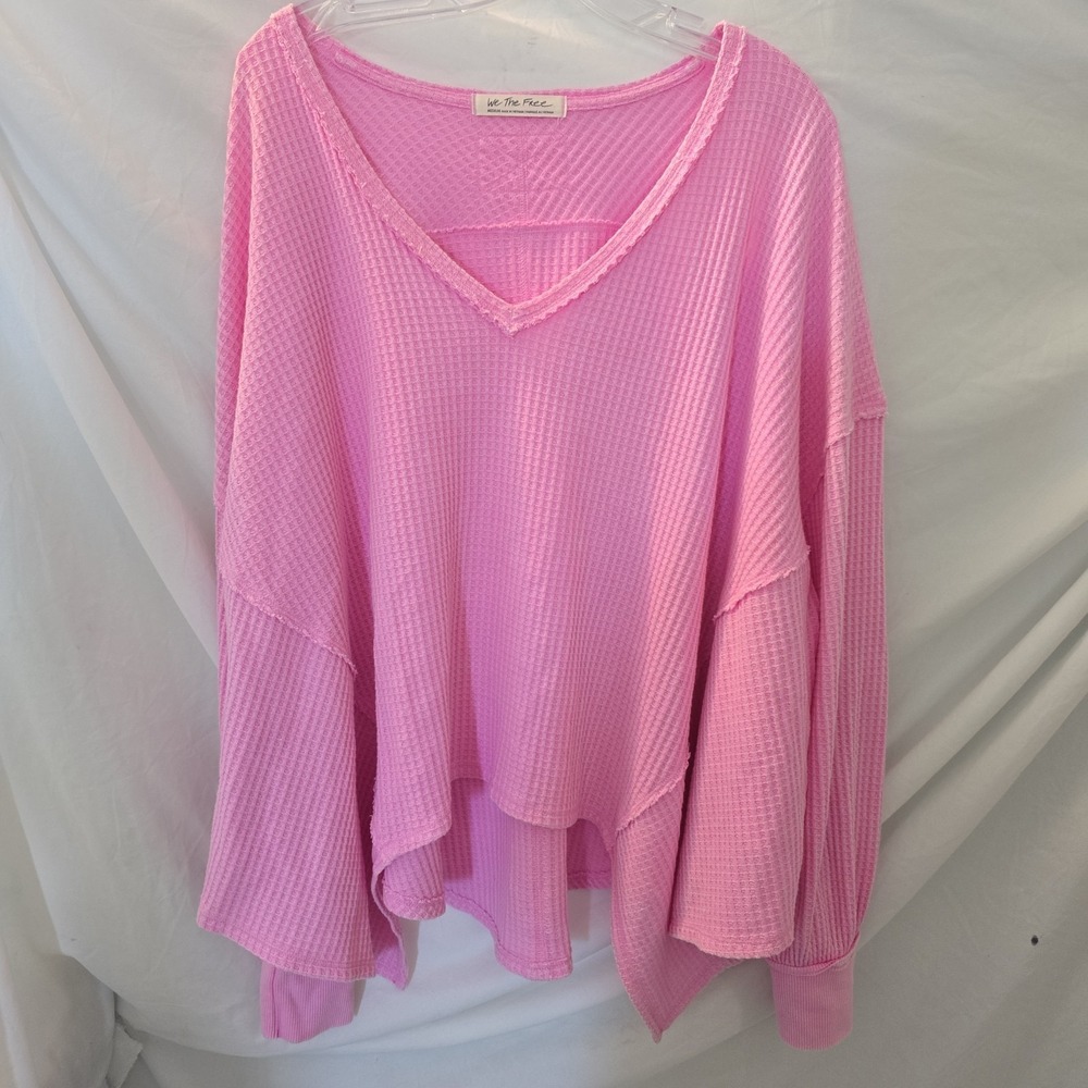 We The Free Coraline Thermal Waffle-knit Raw Hem Oversized CroppedTop Pink Sz M